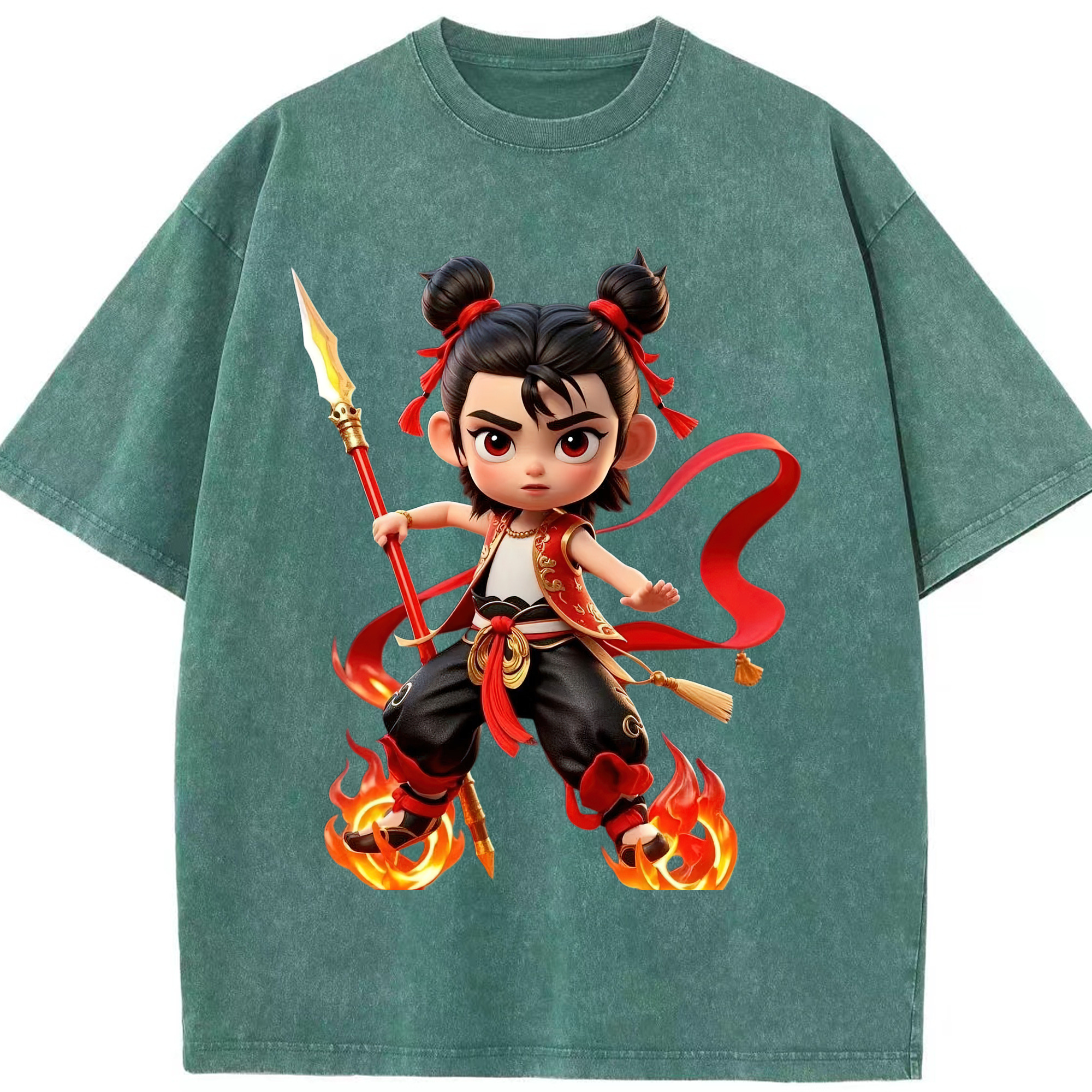 （画像用） Ne Zha 2 ナタ 魔童の大暴れ 綿100% ヴィンテージ風 半袖Tシャツ（フロントプリント）